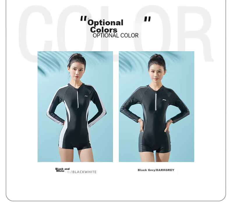 Li-Ning One-Piece Swimsuit for Women, Long Sleeves, Sun Protection, Conservative, Slimming, Comfortable, Chlorine-Resistant, Sports Training Swimwear 018 Black Gray XL 12