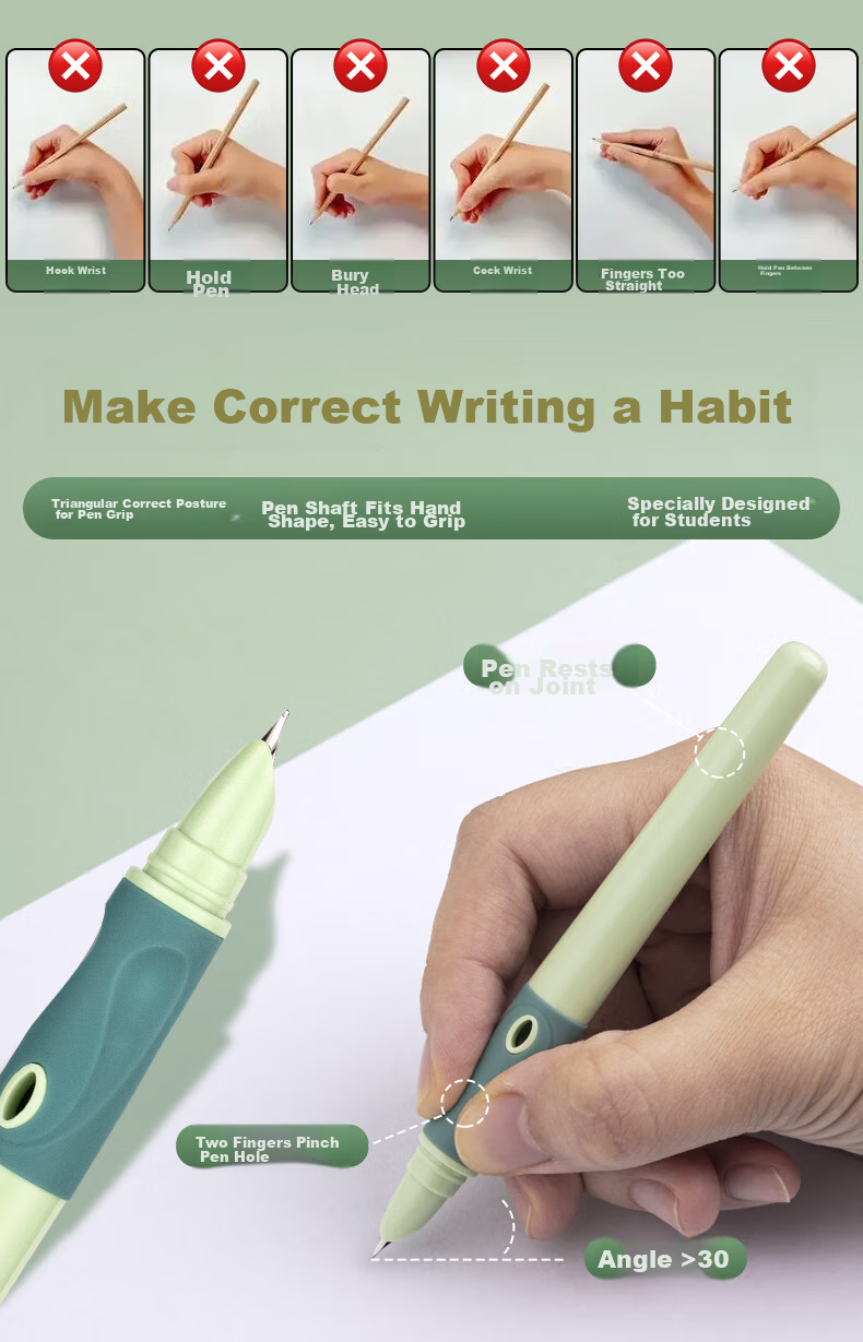 HERO P200 Fountain Pen, Ergonomic Design with Replaceable Ink Cartridge, Specially Designed for Third-Grade Elementary School Students' Handwriting Practice, Green Color 1