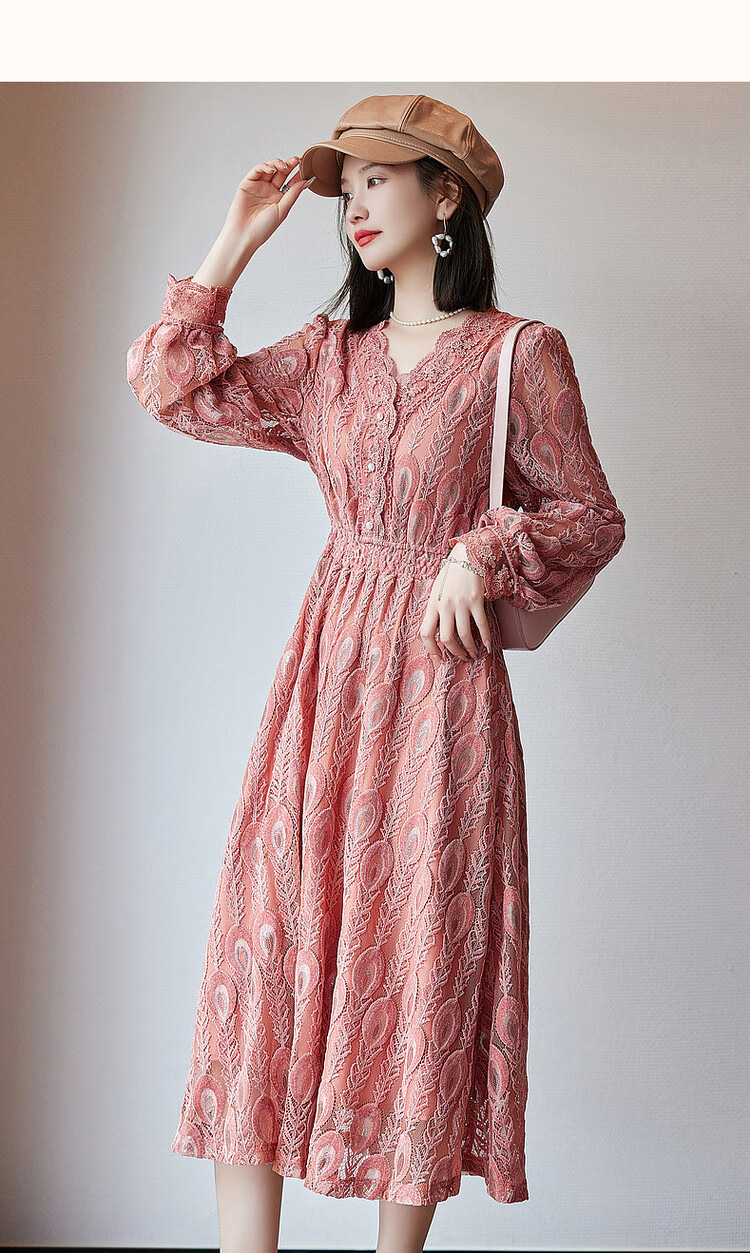 Dme [Retro Lace Design] Autumn French V-Neck Elastic Waist Puff Sleeve Midi Dress for Wome 11