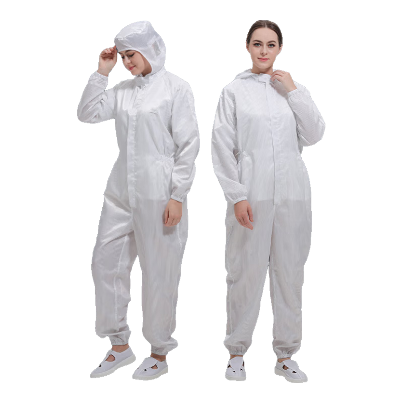 WK Cleanroom Suit, Dust-Proof Workwear, Anti-Static Clothing for Dust-Free Workshop, Striped Hooded Three-Piece Set, White, 3XL, Customizable