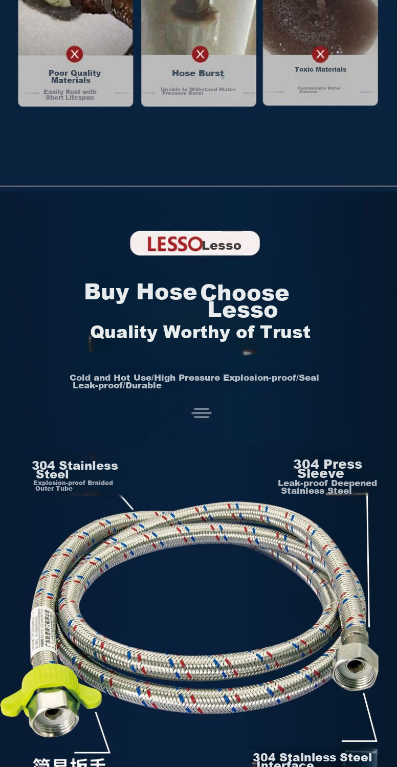 Liansu 4-Point Stainless Steel Braided Flexible Hose, Cold And Hot Water Compatible Metal Pipe for Water Heater, Toilet Tank Inlet Pipe, 50cm 4