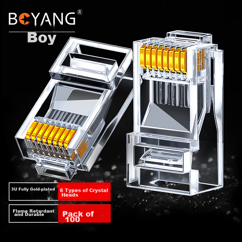 BOYANG CAT6 Unshielded Gigabit Ethernet Cable Connector, 8P8C Crystal Head, Engineering Grade Network RJ45 Connector, Fully Gold Plated, 100 Pieces/box BY-RJ45