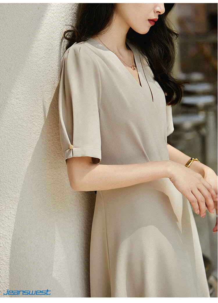 Jeanswest Women's Dress, Summer 2026, Light Luxury Style, Waist-Cinching, French Elegant Feel, Cool Season Slimming, Khaki Color, Size S 5