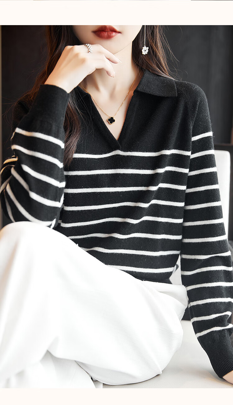 Dme Wool V-Neck Striped Sweater, Elegant And Relaxed Women's Wool Sweater, Black, L 15