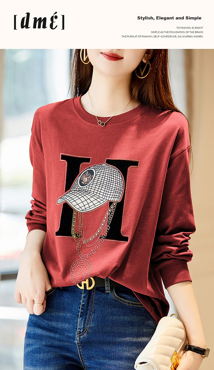 Dme Spring And Autumn Cloud Soft Cotton Long Sleeve Sporty Design Rhinestone Women's T-Shirt, Pink, XL 1