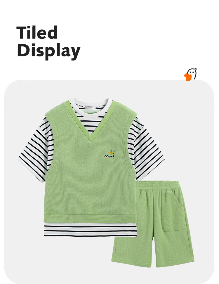 QQ DUCK Girls' Summer Outfit Set, Children's Sports Short-Sleeve Shorts, Youth Clothing, Waffle Texture, Green; Size 120 23