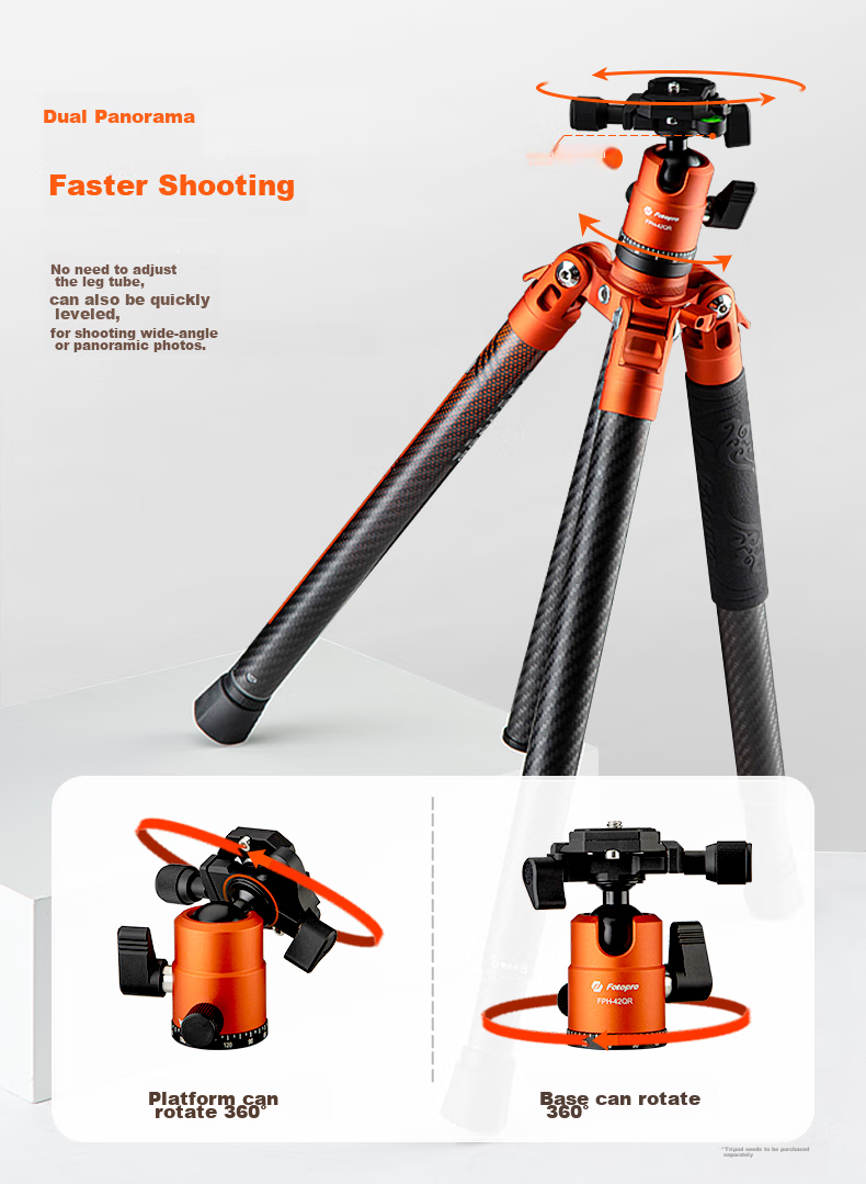 Fotopro 42QR, 3/8 Screw Hole, Dual Panoramic 360-Degree Rotation Camera Tripod Head, Compatible with Leica Cameras, Matte Gray Color 2