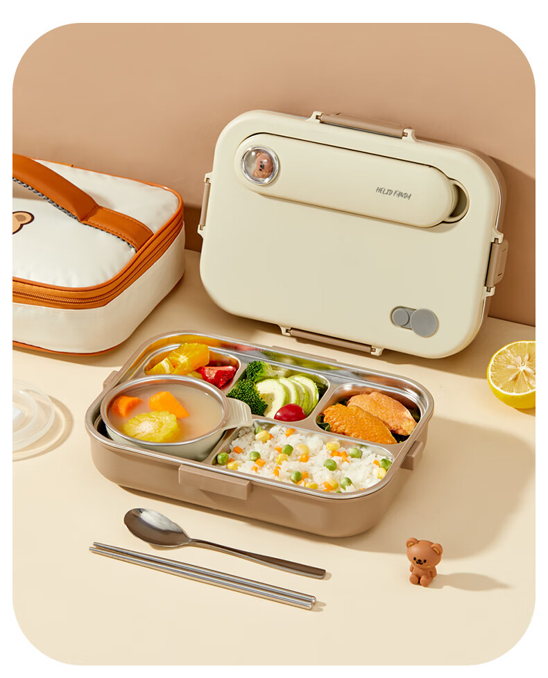 WORTHBUY 304 Stainless Steel Lunch Box for Office Workers, Meal Container with Compartments for Students' Cafeteria, Rice Serving Tray, Beige with 5 Compartments + Bag 11