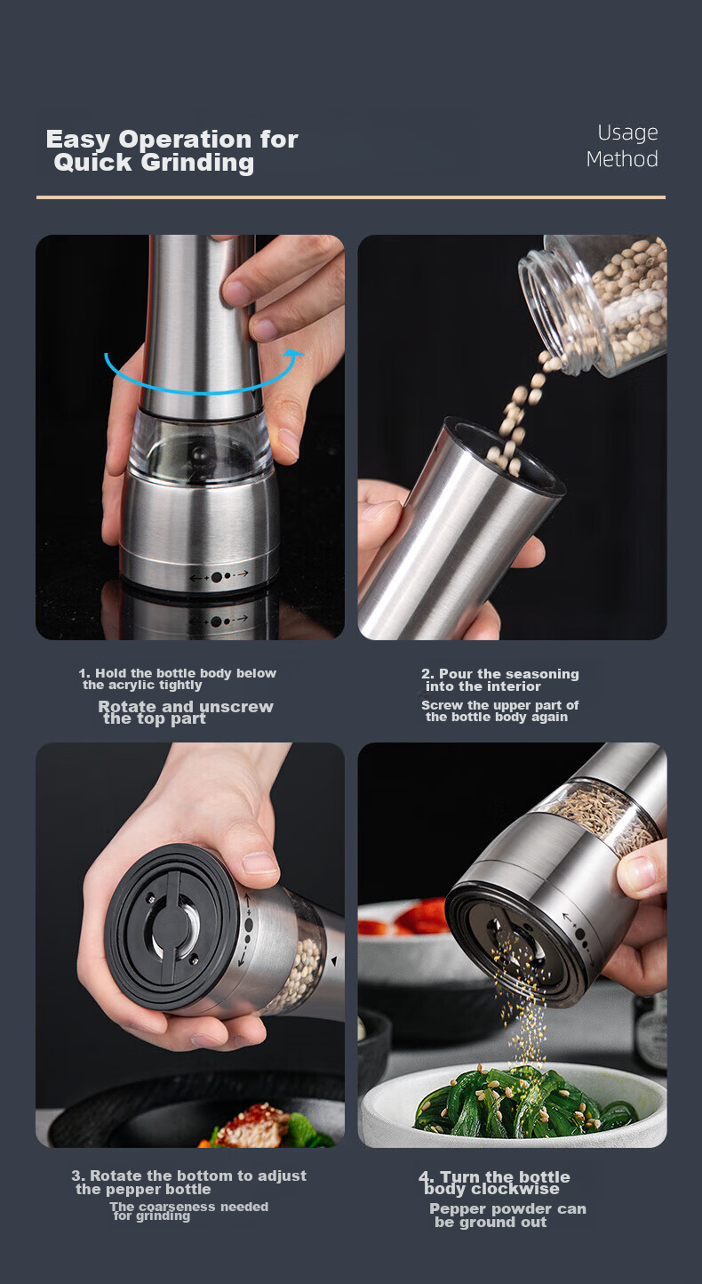 Maomiyoupin Stainless Steel Pepper Grinder, Manual Pepper Mill, Black Pepper Powder Maker, Sichuan Peppercorn Grinder, Sea Salt Shaker, Seasoning Bottle 7