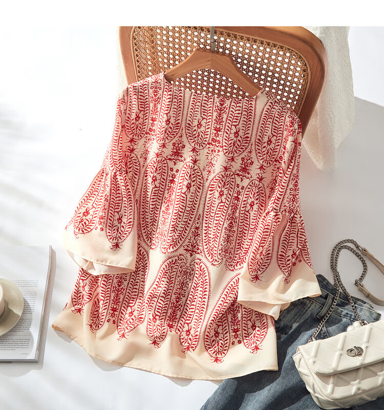 Dme [Chiffon Hibiscus Linen Shirt] Summer V-Neck Three-Quarter Sleeve Paisley Print Blouse Women's Top 14