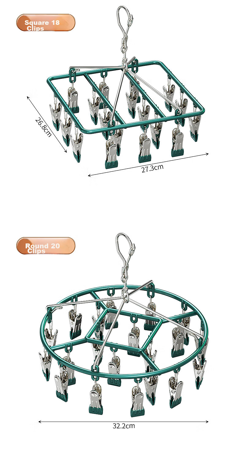Jingxun Clothes Hanger with Sock Clips, 24 Clips Solid Multi-Head Drying Clips Multifunctional Windproof Sock Clips Round Gree 13