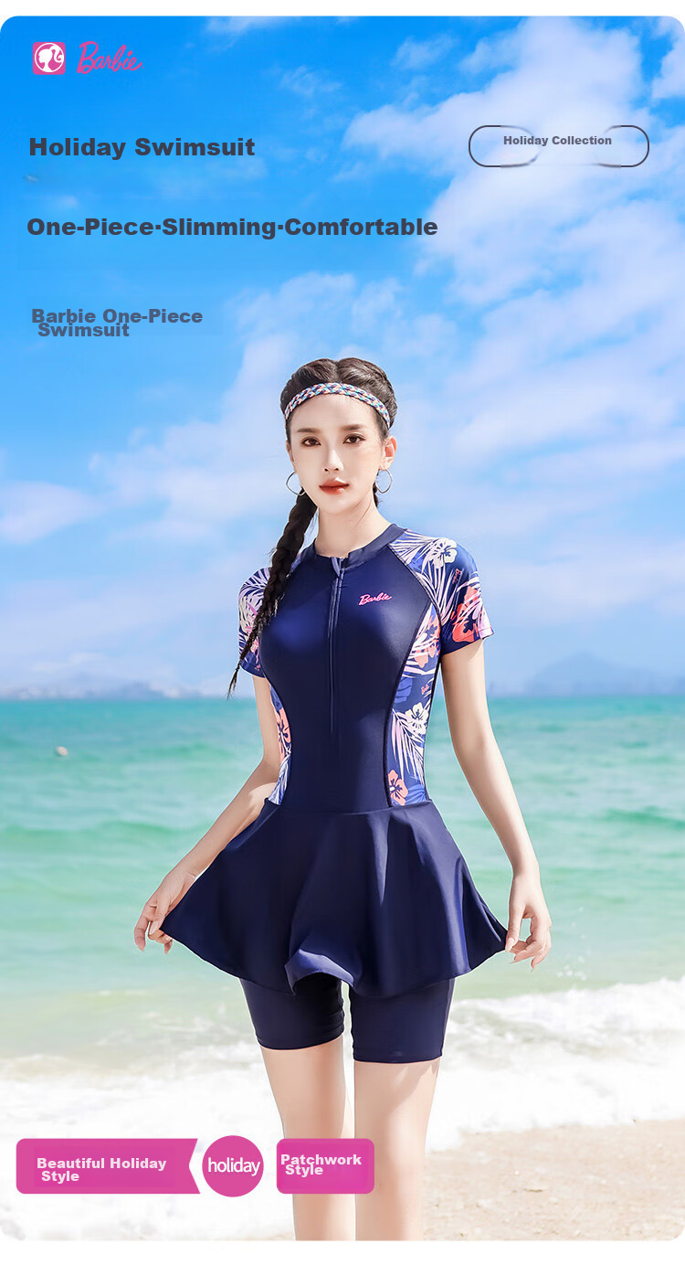 Barbie One-Piece Swimsuit for Women, Boyshort Five-Point Swimwear, Fashionable Tummy Control Slimming Conservative Plus Size Beach Vacation Swimwear 2