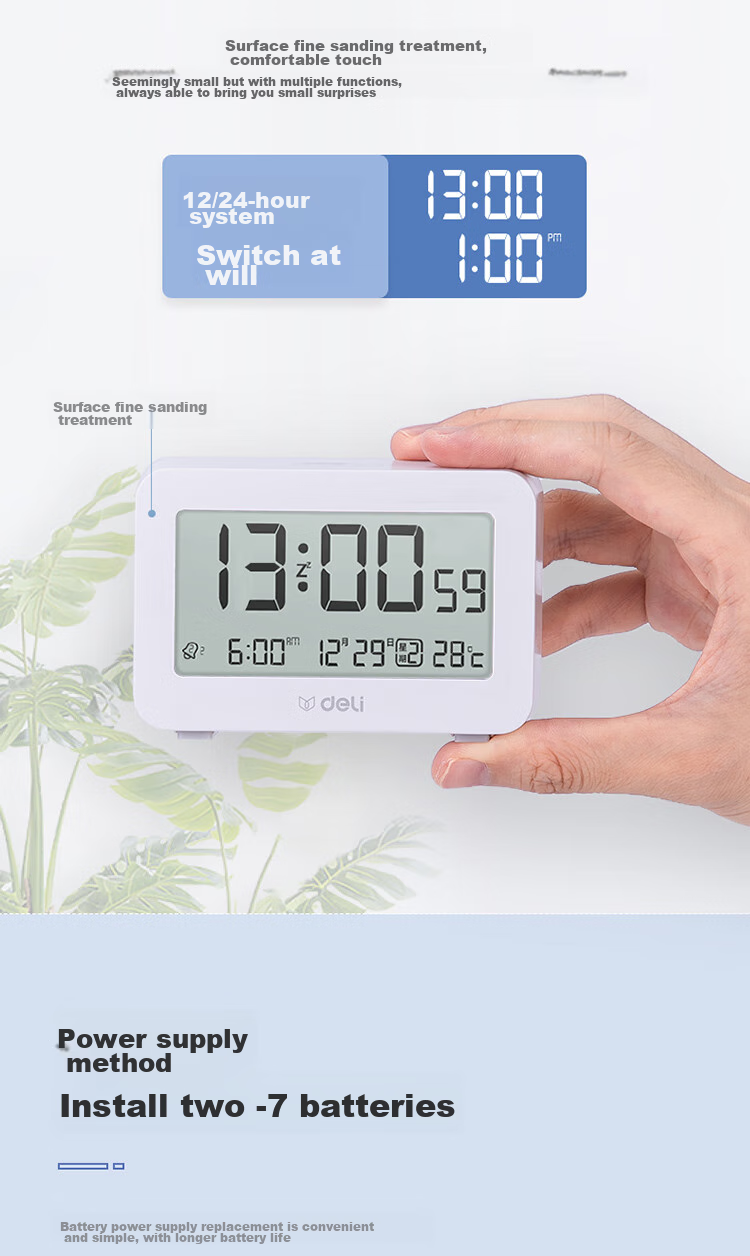 Deli Electronic Timer Alarm Clock, Multifunctional Temperature And Humidity Display, Date Function, Dormitory Backlight Digital Clock, Time Management Tool for Students, Wake-Up Aid, White, 8839 Gift 7