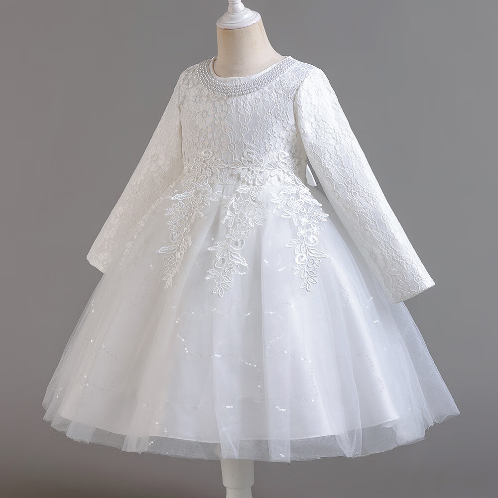 LUOBOBEIBEI Girls' Long Sleeve Princess Dress Spring Birthday Party Dress White - Size 140 12