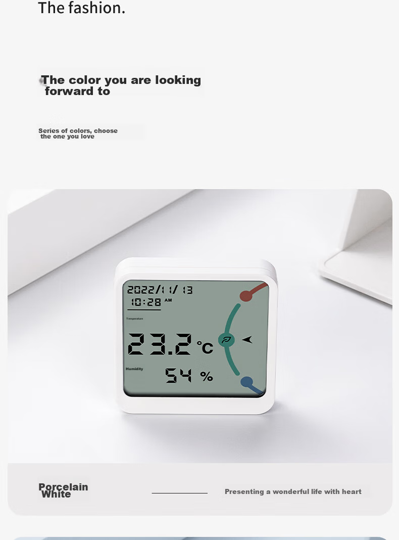 Deli Niusai Series Electronic Thermometer And Hygrometer, Wide Screen Display with Time Function, Metal Back Patch Included, White, NS873 9