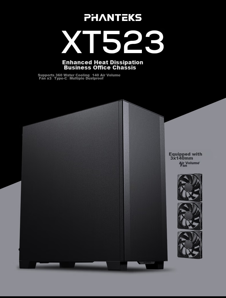 PHANTEKS XT523 Black Mid-Tower Desktop Computer Office ATX Motherboard Case (With 3x 140mm Fans / Mesh Panel / Efficient Cooling / 360mm Water Cooling Support / 5070) 2