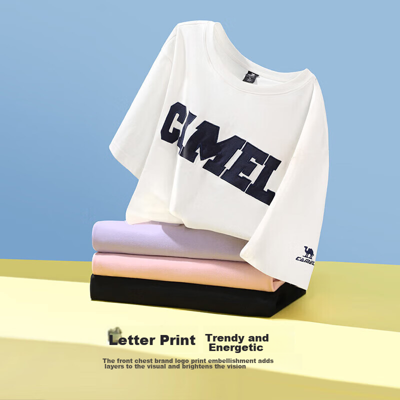 CAMEL Short-Sleeve T-Shirt for Men And Women, Summer New Style Letter Print Trendy Loose Casual Cotton-Feel Top