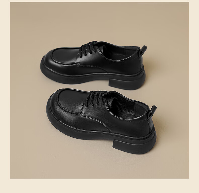ZHR British Style Women's Leather Shoes with Round Toe And Lace-Up, Genuine Leather Chunky Heel Pumps AY127 Black Size 37 23