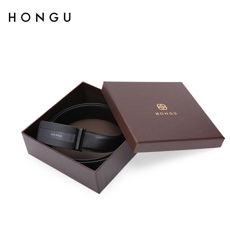 HONGU Men's Belt with Automatic Buckle, Top-Grain Leather Waistband, Gift Box Packaging, 120cm, Birthday Present