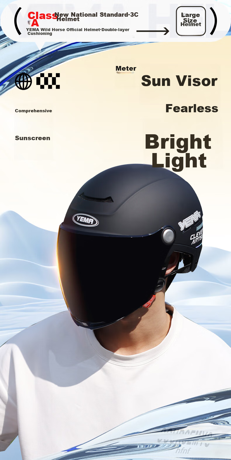 YEMA 3c Certified New National Standard Class A 365S Electric Scooter Helmet, Summer Half-Helmet for Men And Women, Large Size for Big Head Circumference, Motorcycle Safety Helmet, Khaki with Transparent Long Visor 6