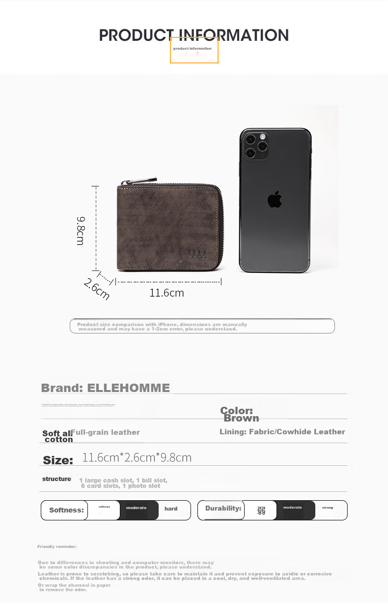 ELLE HOMME Men's Fashionable Short Wallet, Top-Grain Leather Zipper Coin Purse 4426 Brown, Birthday Gift for Me 5