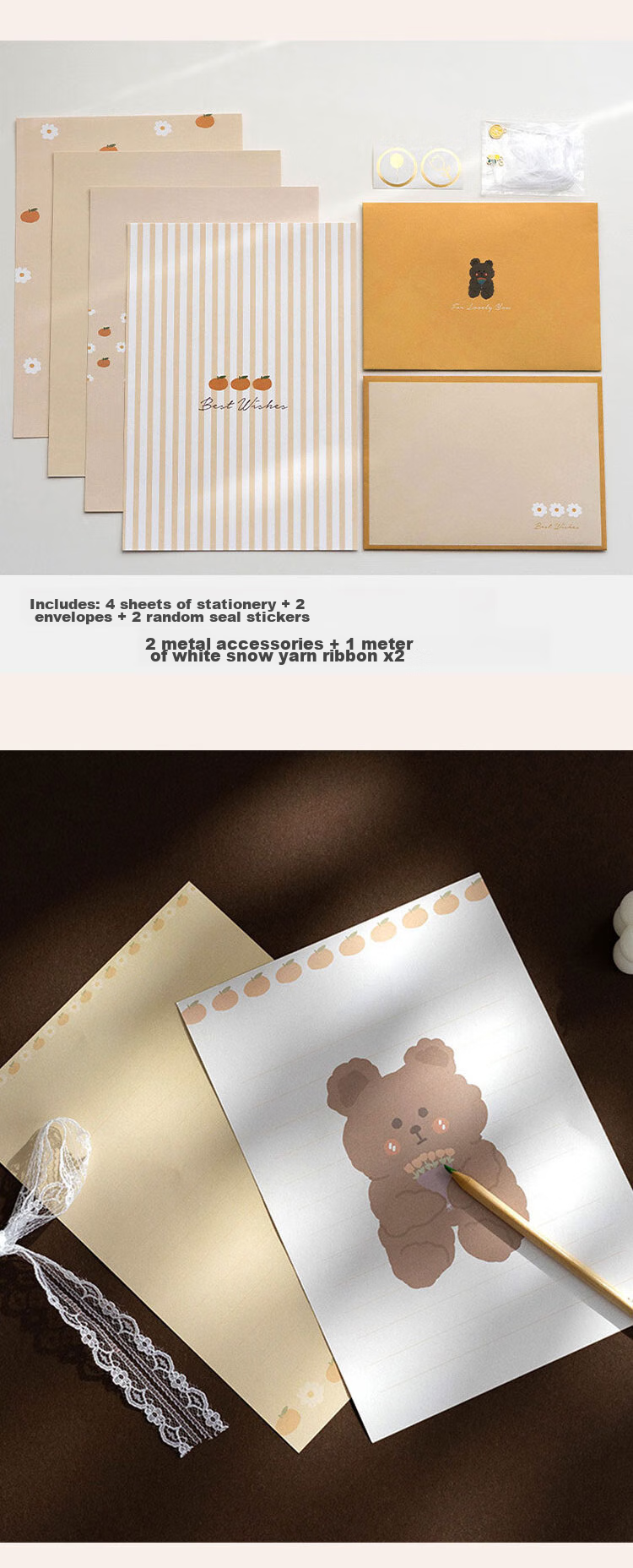 Shiluode Letter Paper And Envelopes for Students And Teachers, B5 Size, Children's Home Letters, Confession Letters, Small Clear Ribbon Pendant, Beautiful Set, 4 Sheets of Letter Paper, 2 Envelopes 8