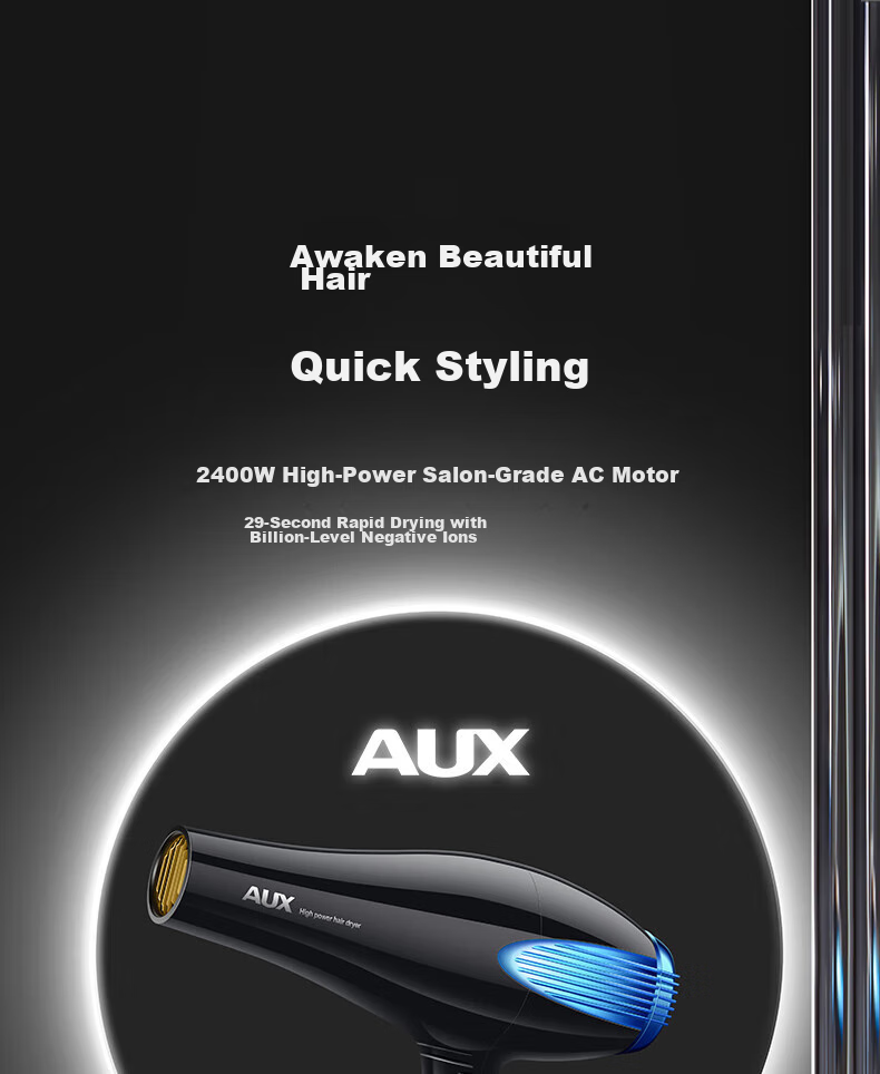 AUX Hair Dryer with Blue Light Negative Ions, 2400W High Power, Gentle on Hair, Electric Fan Blower for Home Use, Professional Salon Use 1