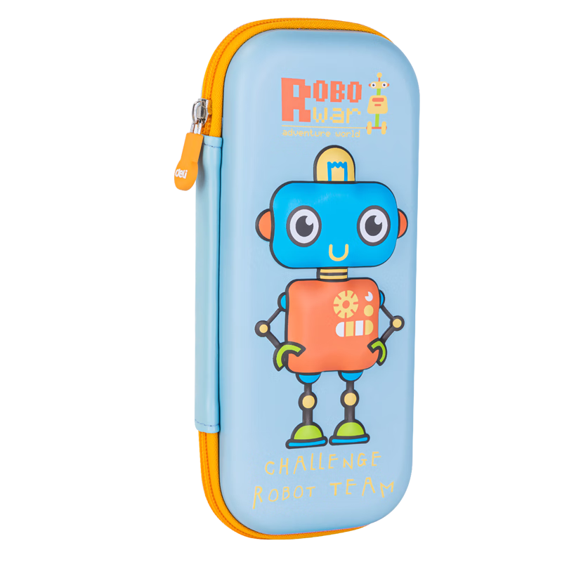 Deli Elementary School Pencil Case, EVA Large Capacity Stationery Box, Robot Cartoon Series, Crush-Resistant And Drop-Proof Pencil Case, Lightweight Waterproof Pencil Bag, Light Blue Back-To Supplies