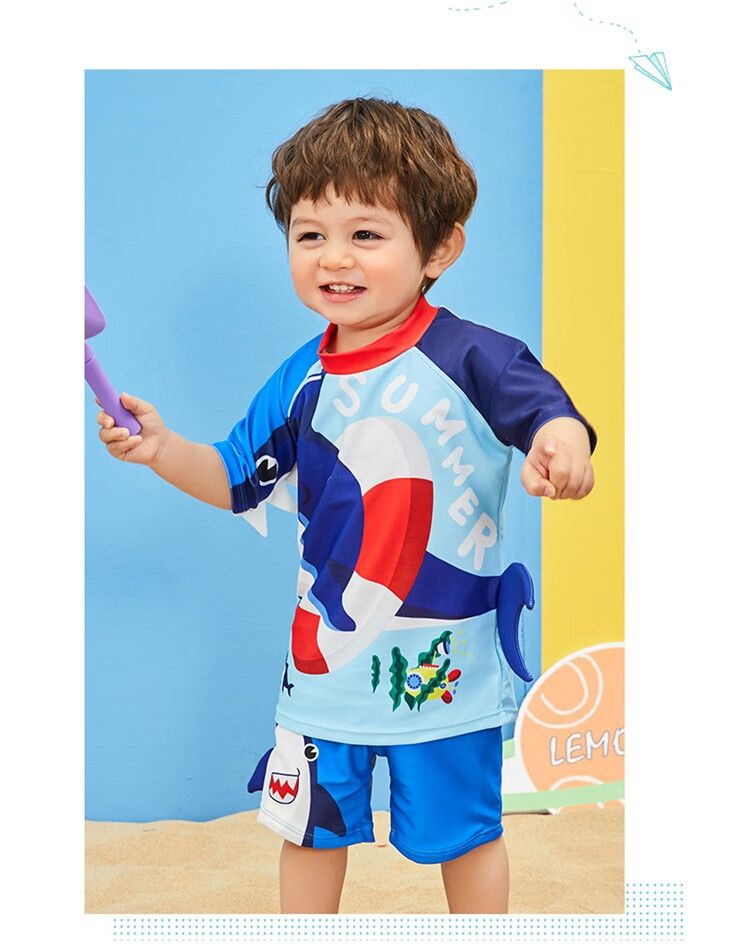 Lemonkid Children's Two-Piece Swimsuit Set for Boys And Girls, Baby Swimwear with Trunks, Sea Blue Funny Shark Design, Size 130 16