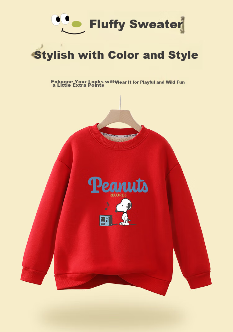 SNOOPY Children's Clothing Fleece-Lined Thick Warm Sweatshirt Red New Year Outfit Winter Happy Dog Big Red 6