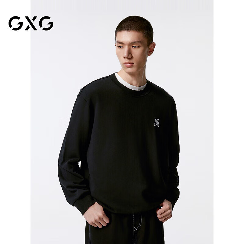 GXG Men's Clothing, Black Letter Pattern Crew Neck Sweatshirt, New Autumn 2024 Product, Black, 175/L
