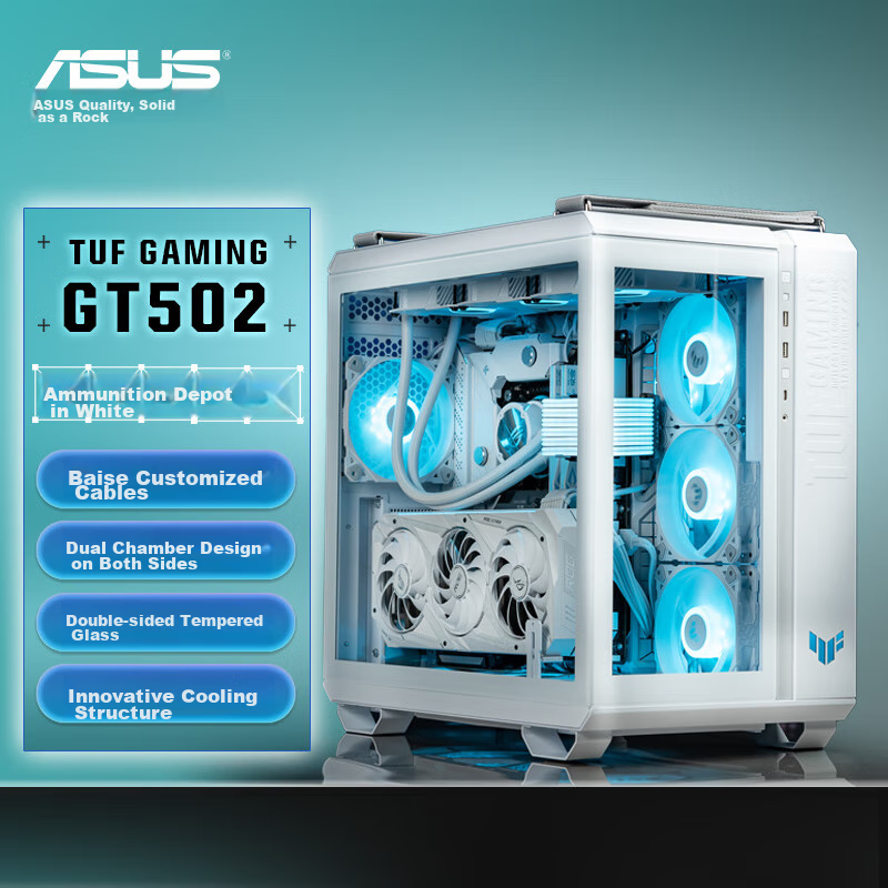 ASUS TUF GAMING GT502 White Arsenal Case, White Cables, Dual-Chamber Design, Tool-Free Disassembly, White Seaside View, Innovative Cooling, GPU Bracket