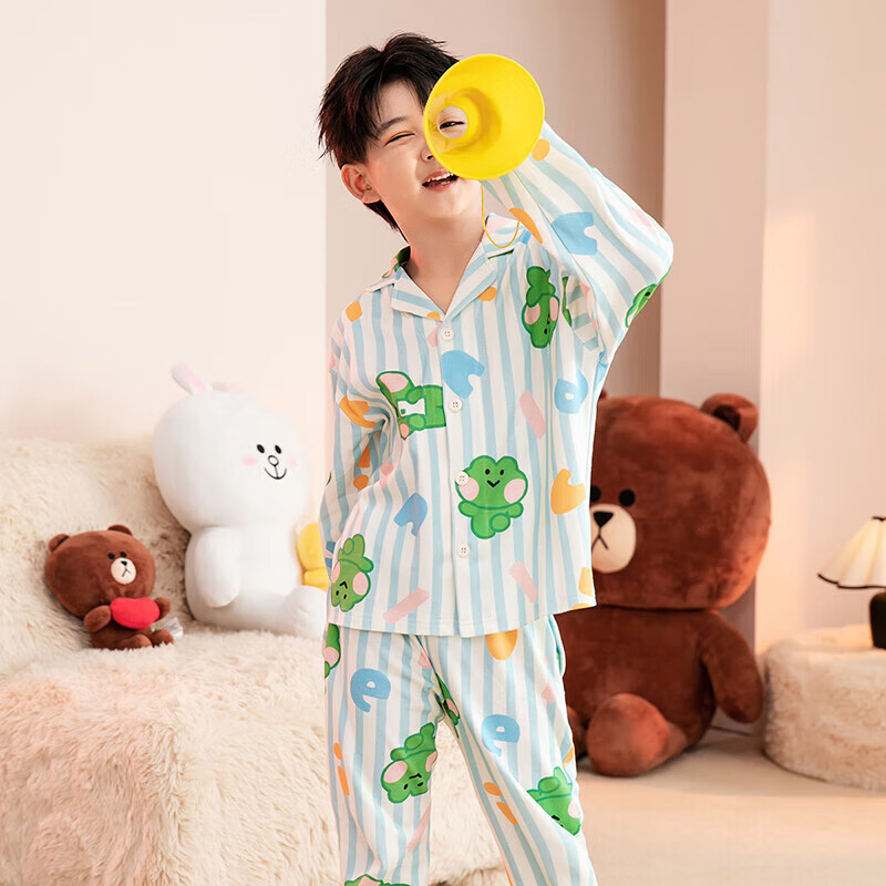 Fenteng Children's Pajamas, Boys' Brown Bear Design, Authentic Early Spring Pure Cotton Striped Sleepwear for Older Childre