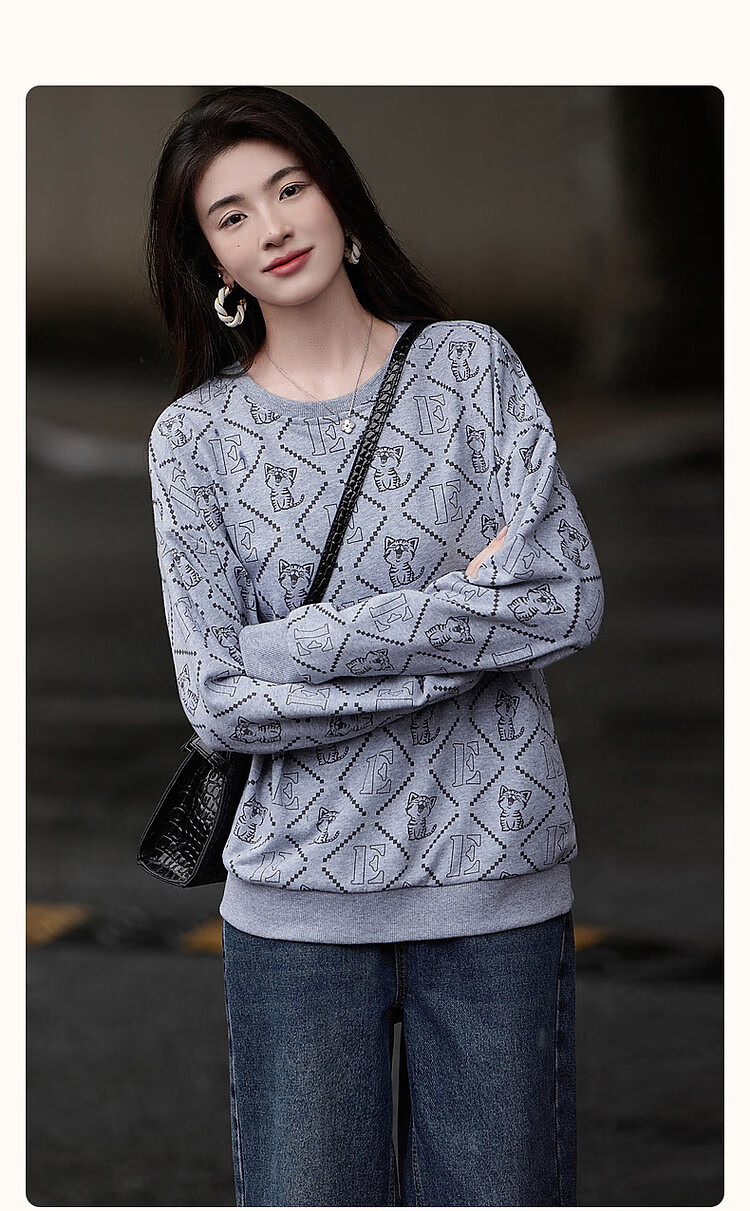 Dme [Cotton Printed Sweatshirt], Spring And Autumn Round Neck Loose Drop Shoulder Long Sleeve Slightly Stretchy Sweatshirt for Women, Flax Gray, M 3