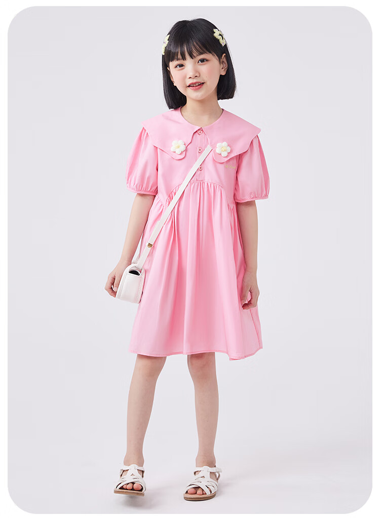 QQ DUCK Girls' Dress, Children's Summer Dress, Youth Clothing, Sweet Heart Collar, Pink; Size 120 8