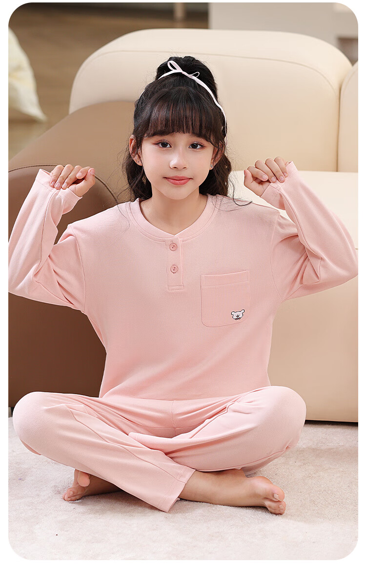 MiiOW Kids Pajamas Girls 40S Cotton 5A Antibacterial Homewear Set Half-Open Collar Long Sleeve Light Gray Green 140cm 8
