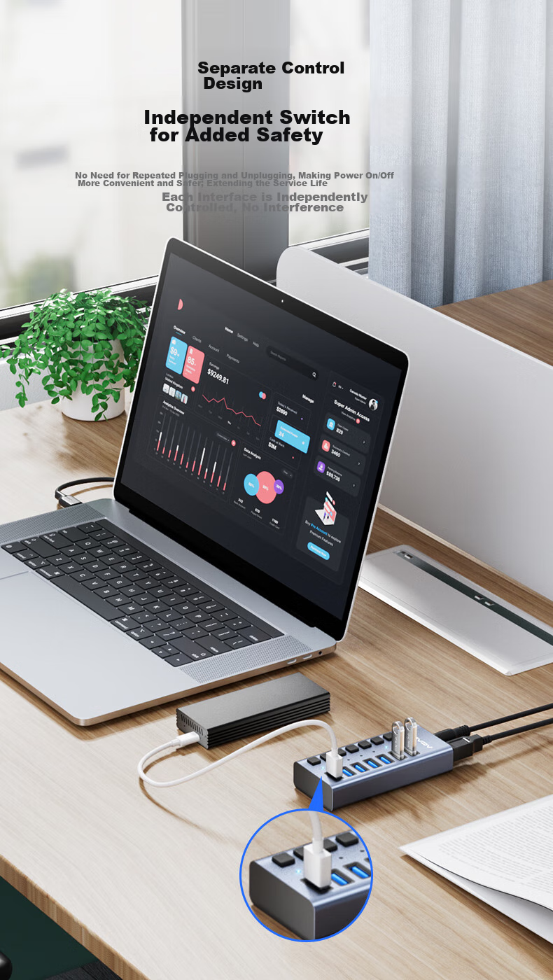 Acasis USB 3.1 Hub, 7-Port Expansion Dock, Independent Control Hub, Individual Switch Expansion Adapter, Compatible with Apple Mac Laptops, Expansion Dock HS-707MG 10Gbps 10