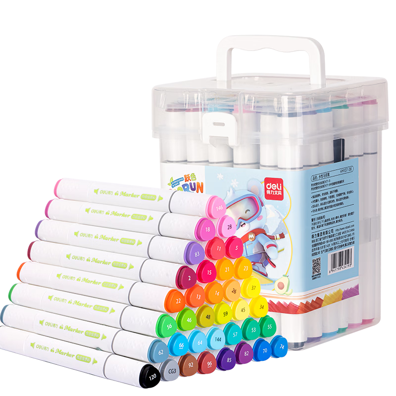 Deli (Deli) Stationery, 36 Colors, Food-Grade Markers, Children's Thick Triangular Dual-Tip Water-Based Colored Pens, Student Art Supplies, New Year's Tree Special Drawing Fluorescent Pens, Sketching Watercolor Pens