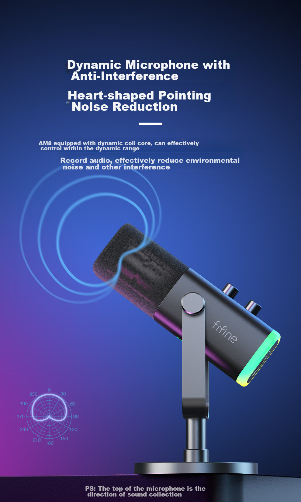 FIFINE Dynamic Noise-Cancelling USB Computer Microphone for Desktop Streamers, Live Streaming, Gaming, Recording, Karaoke, Video Use, with External Sound Card Support, Desktop RGB Microphone, Wired Microphone AM8 Black 9