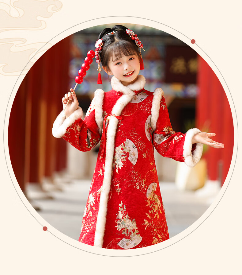 ROMON Red Velvet Qipao New Year Greeting Dress Girls' Chinese New Year Outfit Children's Performance Costume Red 160 6