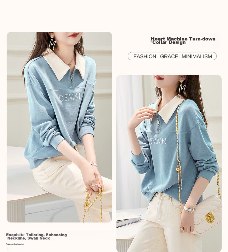 Dme [Elegant Letter Embroidery Sweatshirt] Spring And Autumn Commuter Style, Turn-Down Collar Long Sleeve Patchwork Women's Sweatshirt, Light Blue, XL 6
