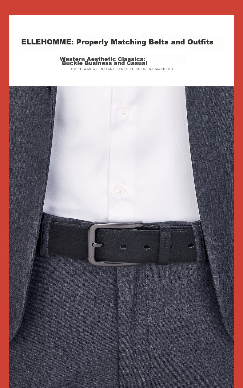ELLE HOMME Men's Leather Belt with Pin Buckle, Top-Grain Cowhide Casual Trouser Belt for Men, Birthday Gift for Boyfriend 5
