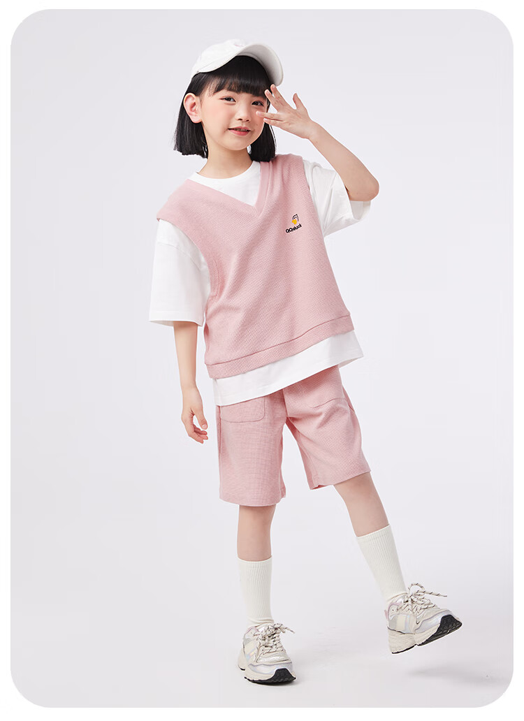 QQ DUCK Girls' Summer Outfit Set, Children's Sports Short-Sleeve Shorts, Youth Clothing, Waffle Texture, Green; Size 120 17