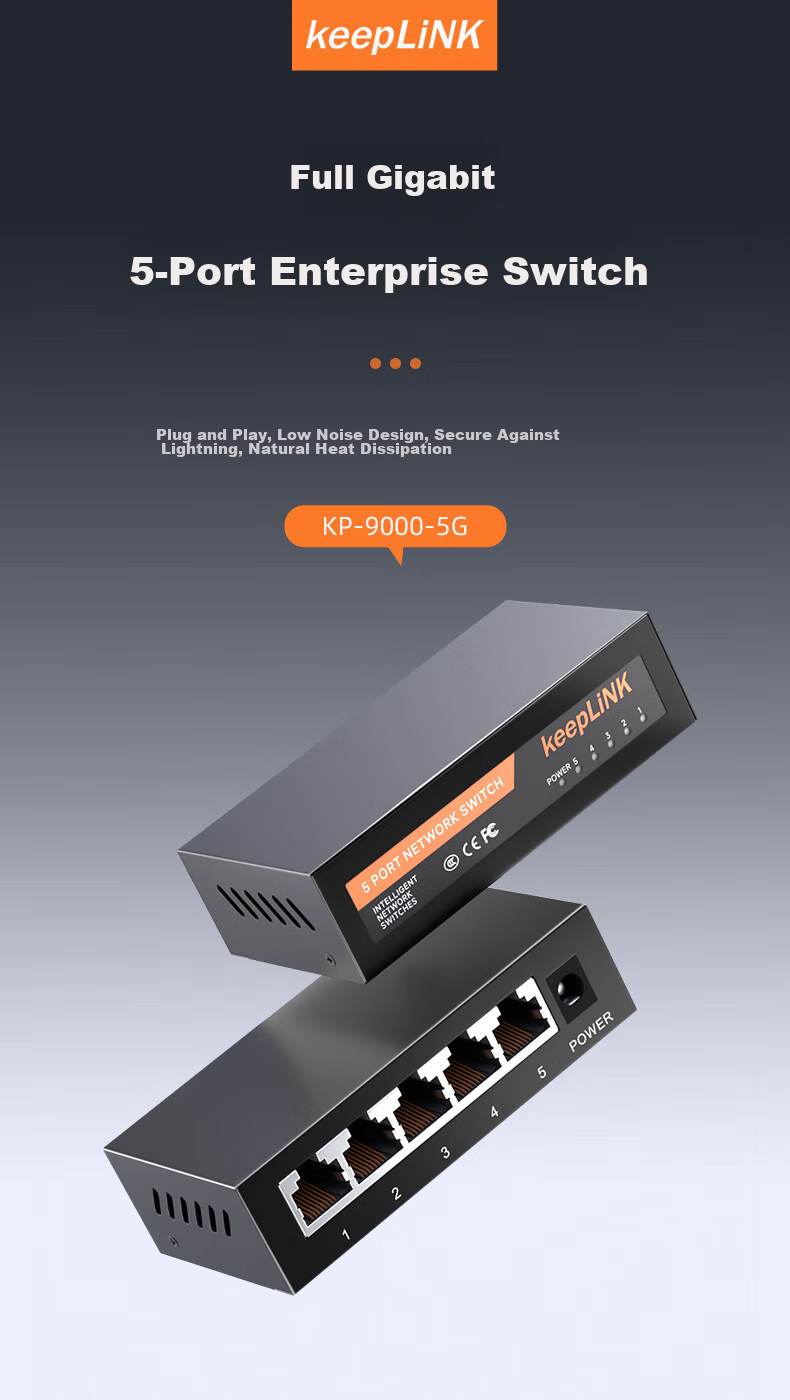 KeepLINK KP-9000 5-Port Gigabit Switch, Enterprise-Grade, for Home And Dormitory Use, Security Monitoring Network Splitter, Hub, Flow Divider/Unit 1