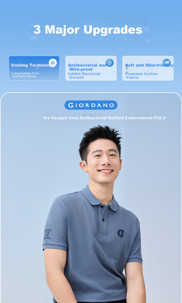 Giordano Comfortable Antibacterial Polo Shirt for Men, High-Tech Cooling Letter Embroidery Lapel Short-Sleeve Top 01015397 3