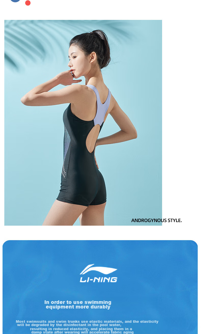 Li-Ning Women's One-Piece Sports Boyshort Swimsuit, Conservative Push-Up Slim-Fit Swimwear, Hot Spring Swimwear 052, Navy Blue, 3XL 16