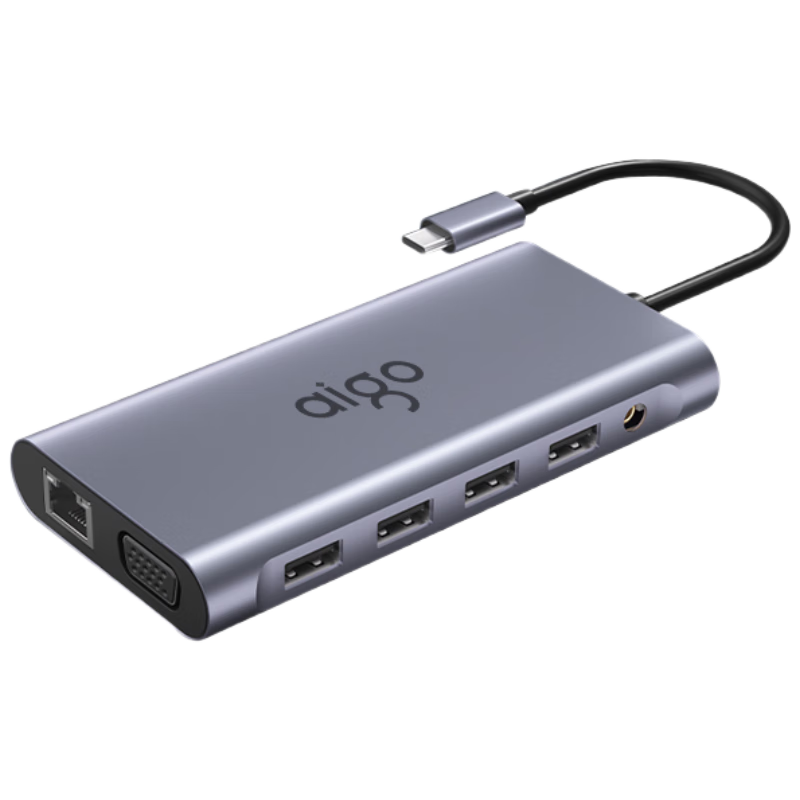 Aigo Type-C Expansion Dock, USB3.0 Hub, Gigabit Ethernet Port Adapter, HDMI/VGA Converter, SD/TF Card Reader, PD100W Power Supply Expansion Dock T11 (Metal)