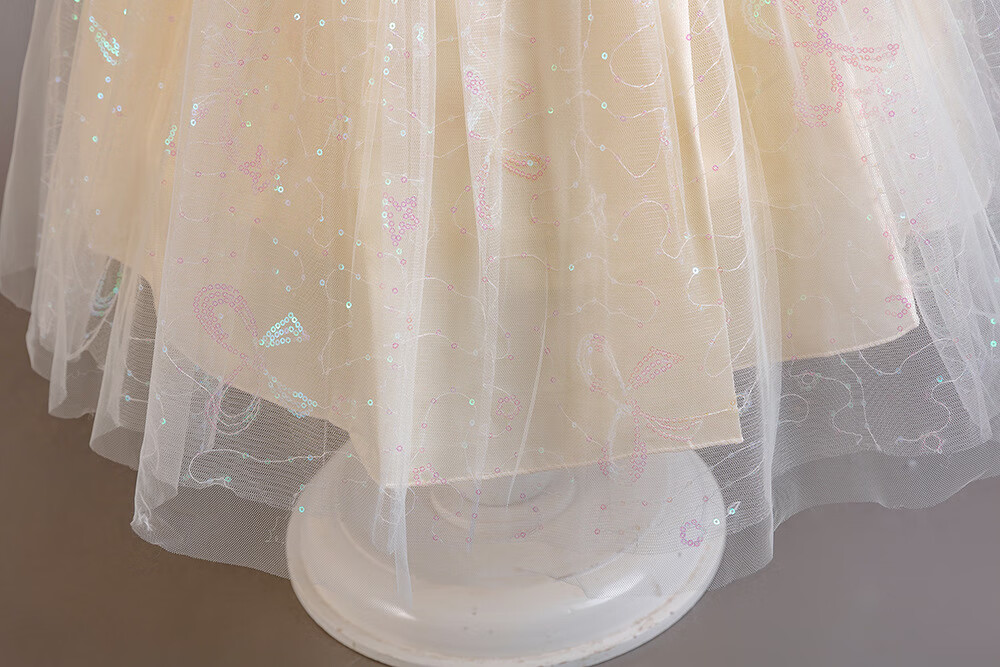 LUOBOBEIBEI Girls' Princess Dress, Spring And Autumn Style, Evening Gown, Birthday Party Dress, Piano Performance Dress, New Year's Outfit, Beige, Size 150 9