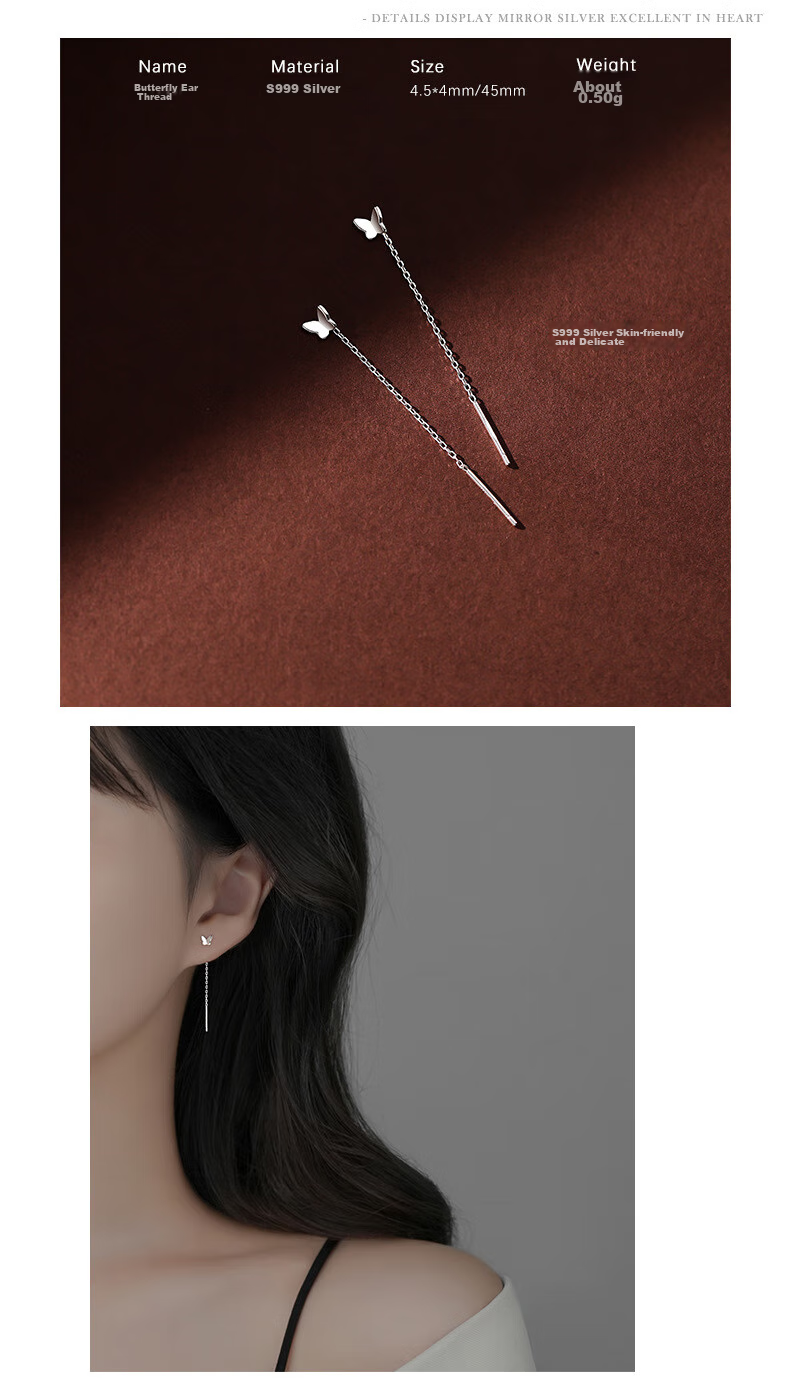 Dijing 999 Sterling Silver Ear Studs for Women, Long Earrings, Birthday Gift for Girls in 2026, Elegant Ear Hoops for Pierced Ears 3