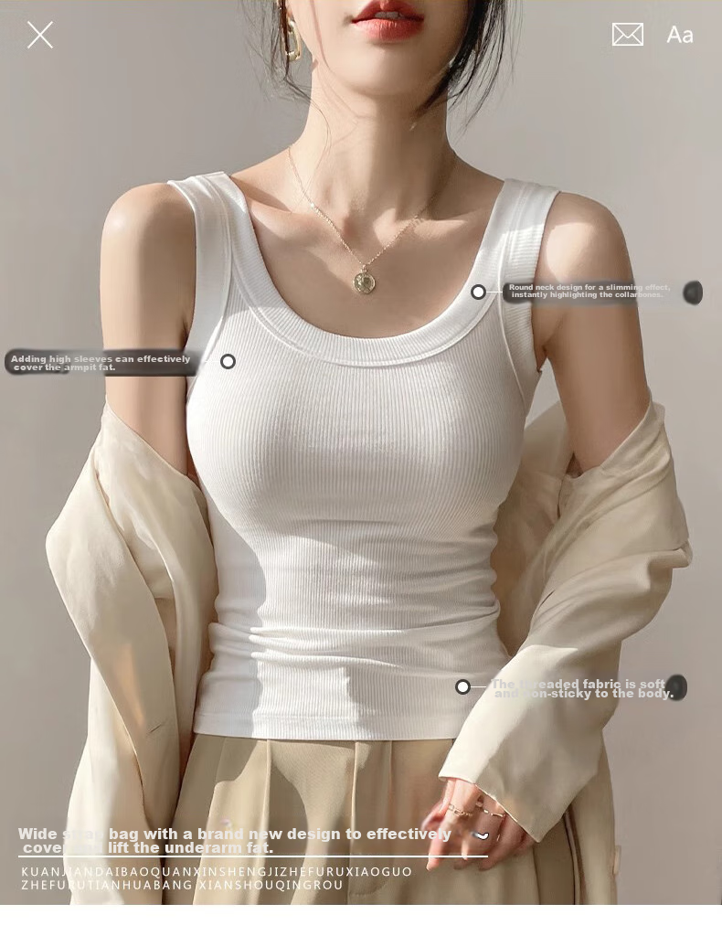 NOME Women's Camisole Tank Top, Spring And Summer Inner Or Outer Wear, Ribbed Elastic Sleeveless Vest, White [Round Neck], L 2